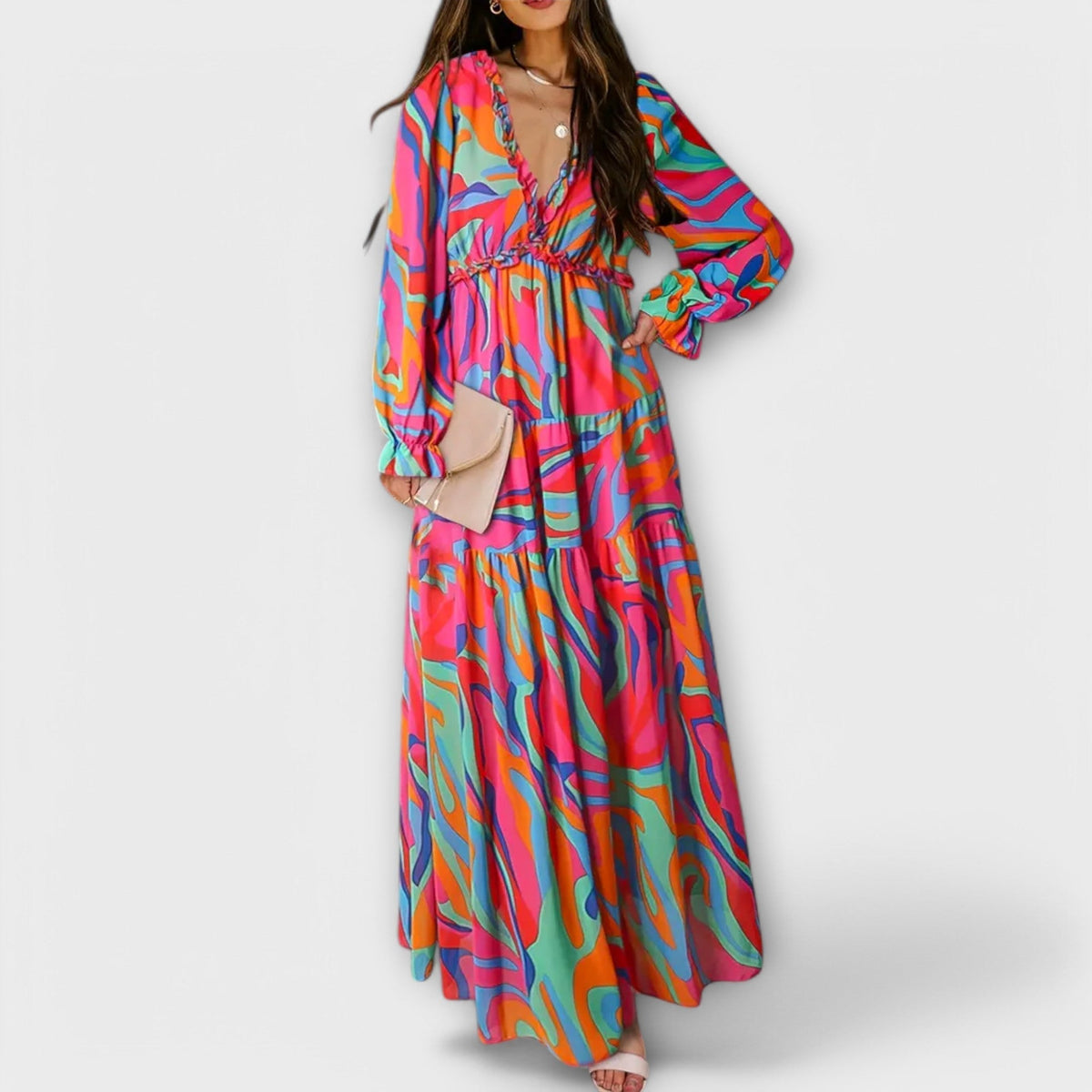 Ruffle Plunge V-Neck Floral Chiffon Long Sleeve Tiered Maxi Dress