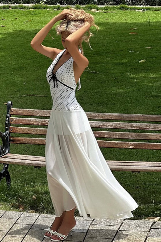 White Floral Print Polka Dot Backless Tie Maxi Dress 2