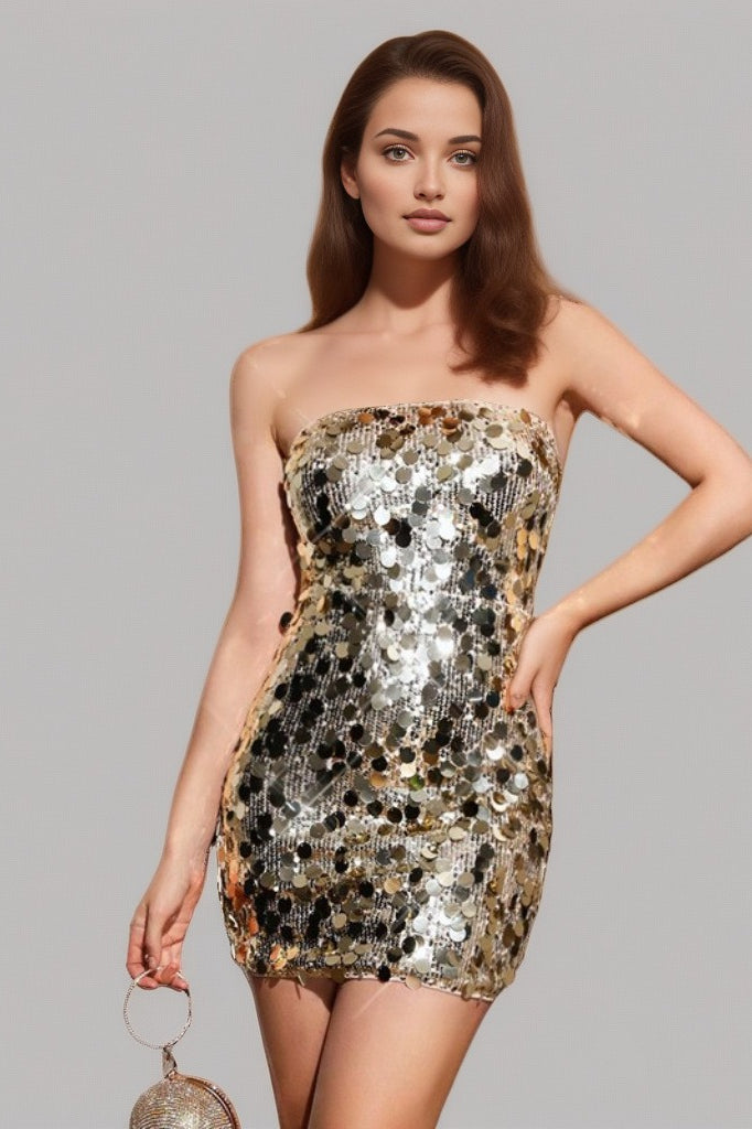 Solid Sequin Strapless HighWaist Bodycon Sequin Dress