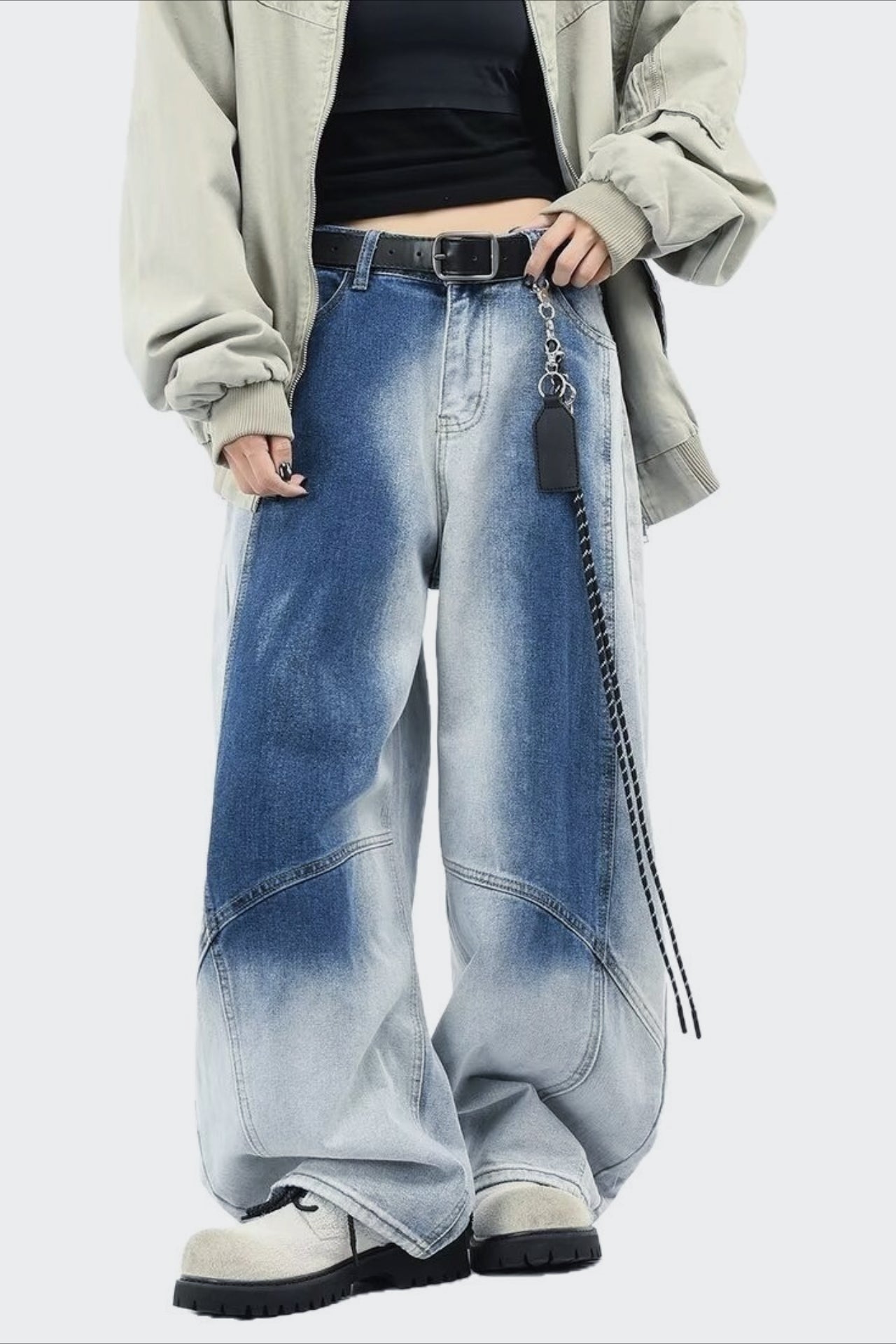 Washed Fade Curved Cut Wide Jeans