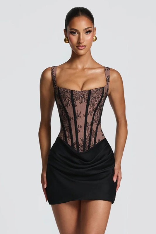 Square Neck Lace Print Ruched Patchwork Slip Dress