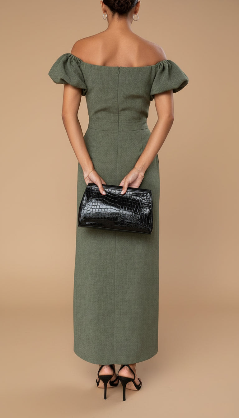 Green Off-Shoulder Puff Sleeve Pleated Bodice Column Maxi Dress