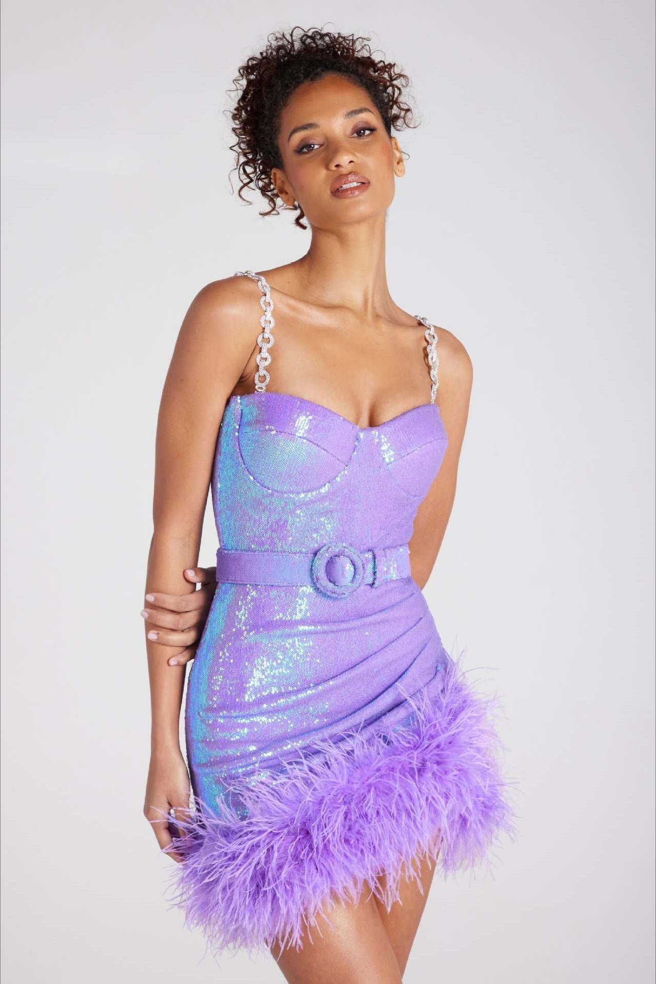 Sequin Faux Fur Belt Pencil Slip Dress