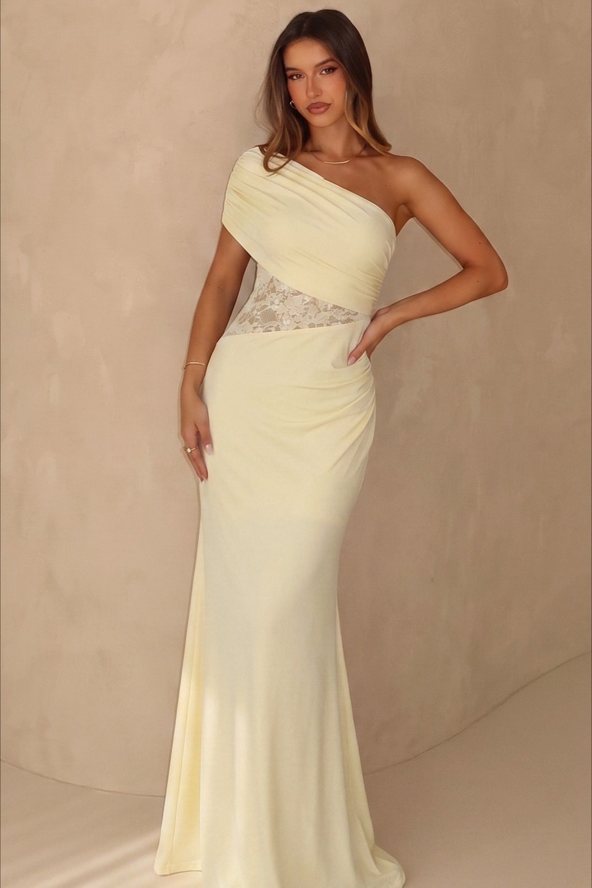 One Shoulder Ruched Waist Cinch Maxi Slim Bodycon Dress