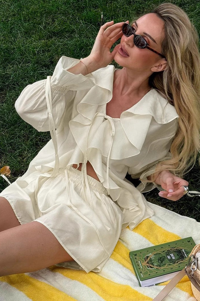 V Neck Relaxed Ruffle Blouse