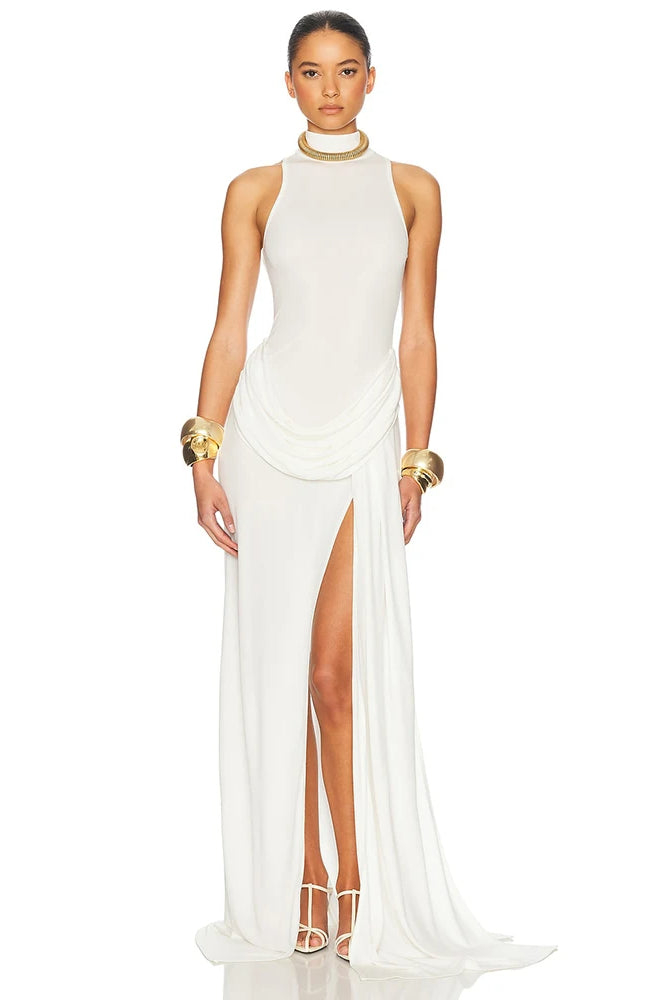 Turtleneck Off-Shoulder Sleeveless Pleated Maxi Dress
