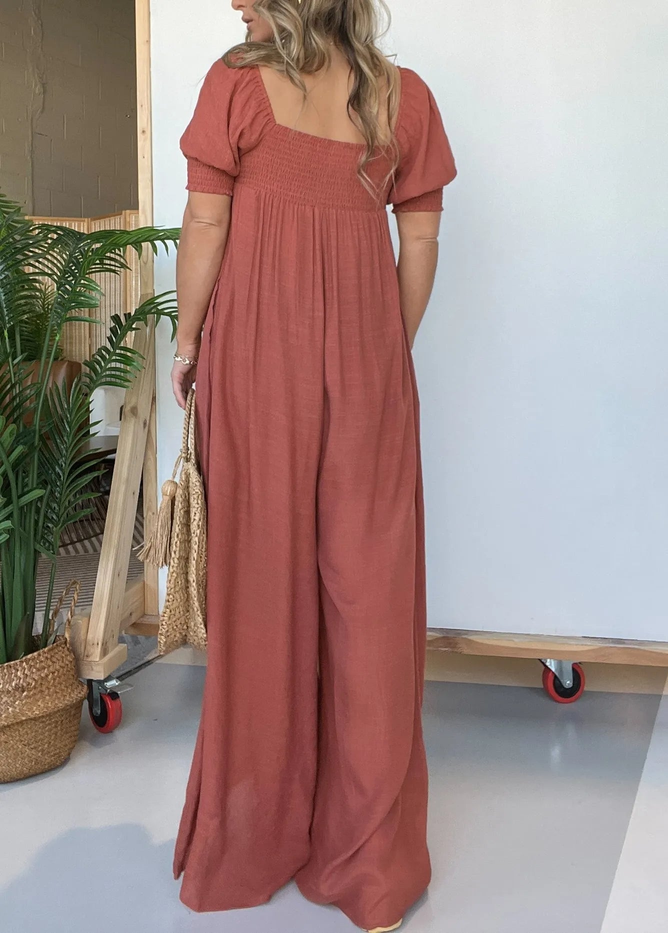 Square Neckline Jumpsuit With Smocked Bodice Button