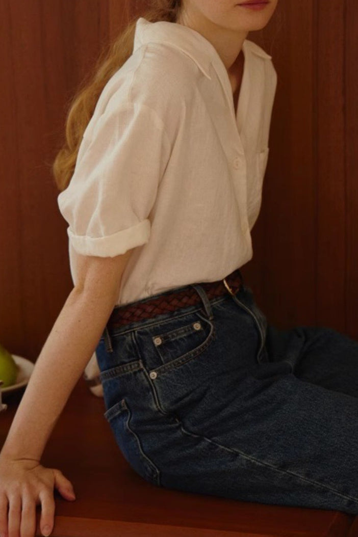 Linen French Deep V Short Blouse