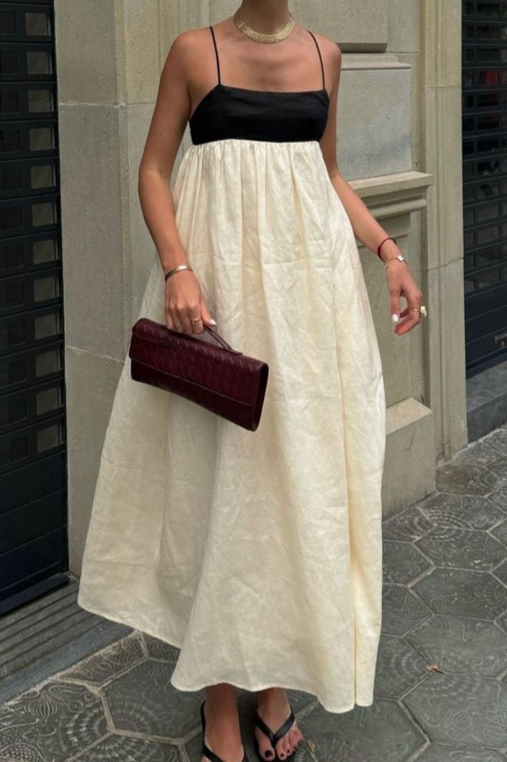 Beige Spaghetti Strap Square Neck Empire Waist Gathered Patchwork Maxi Dress 5