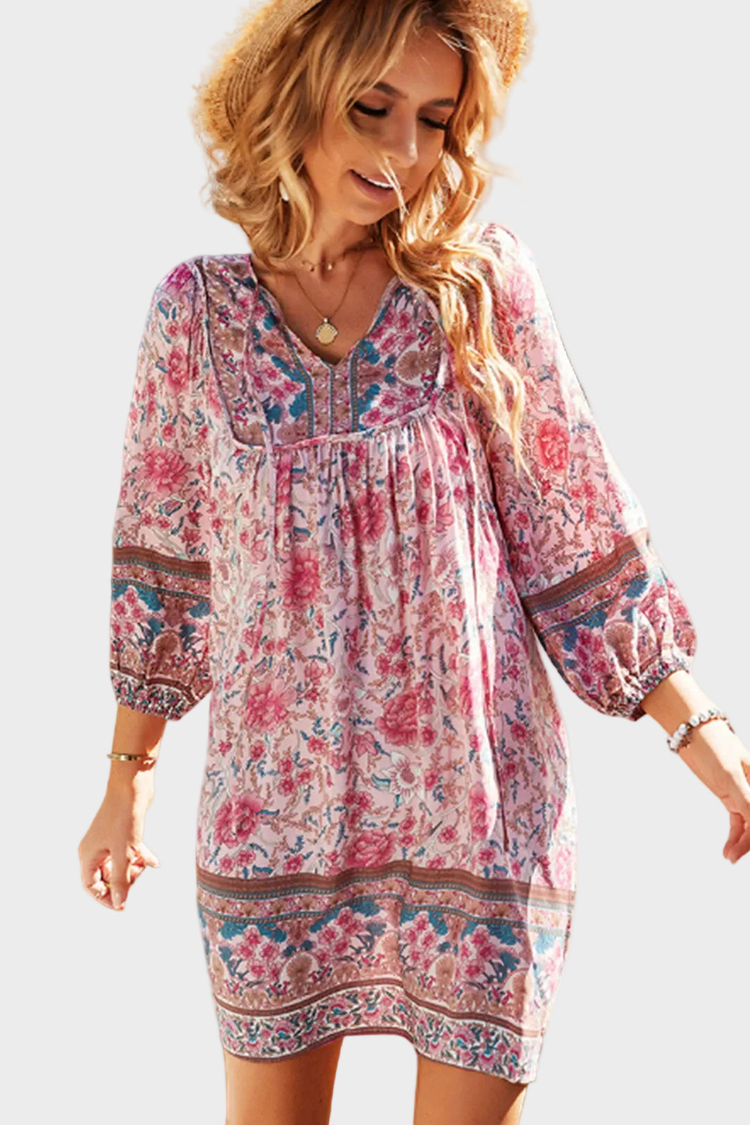 Pink Tie Neck Floral Long Sleeve Tiered Babydoll Mini Dress