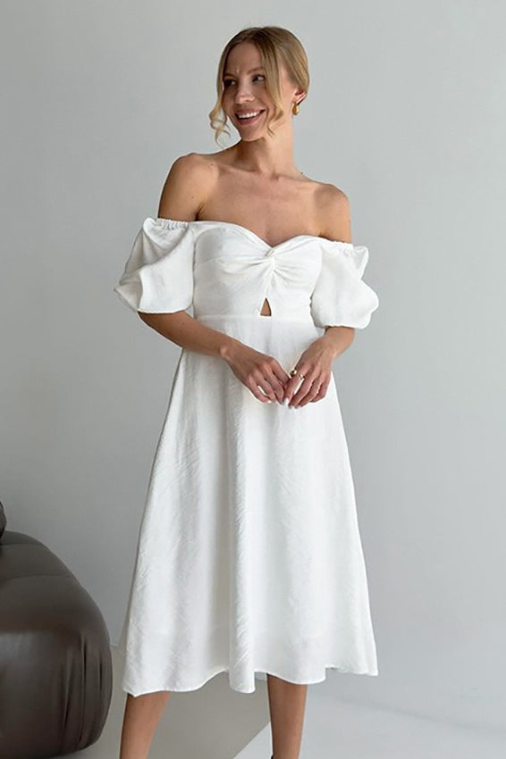 Off Shoulder Puff Sleeve Cotton Midi Dress