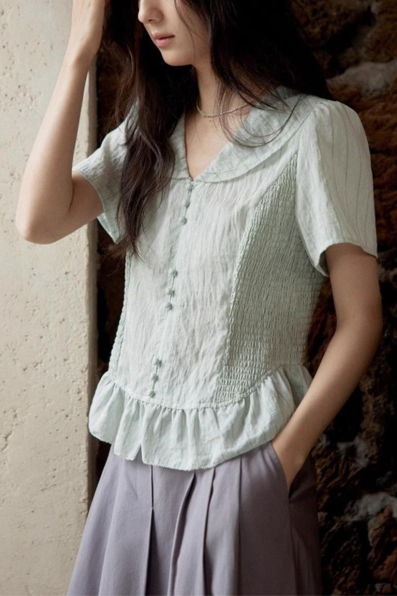 Linen Stripe V Neck Tie Waist Blouse