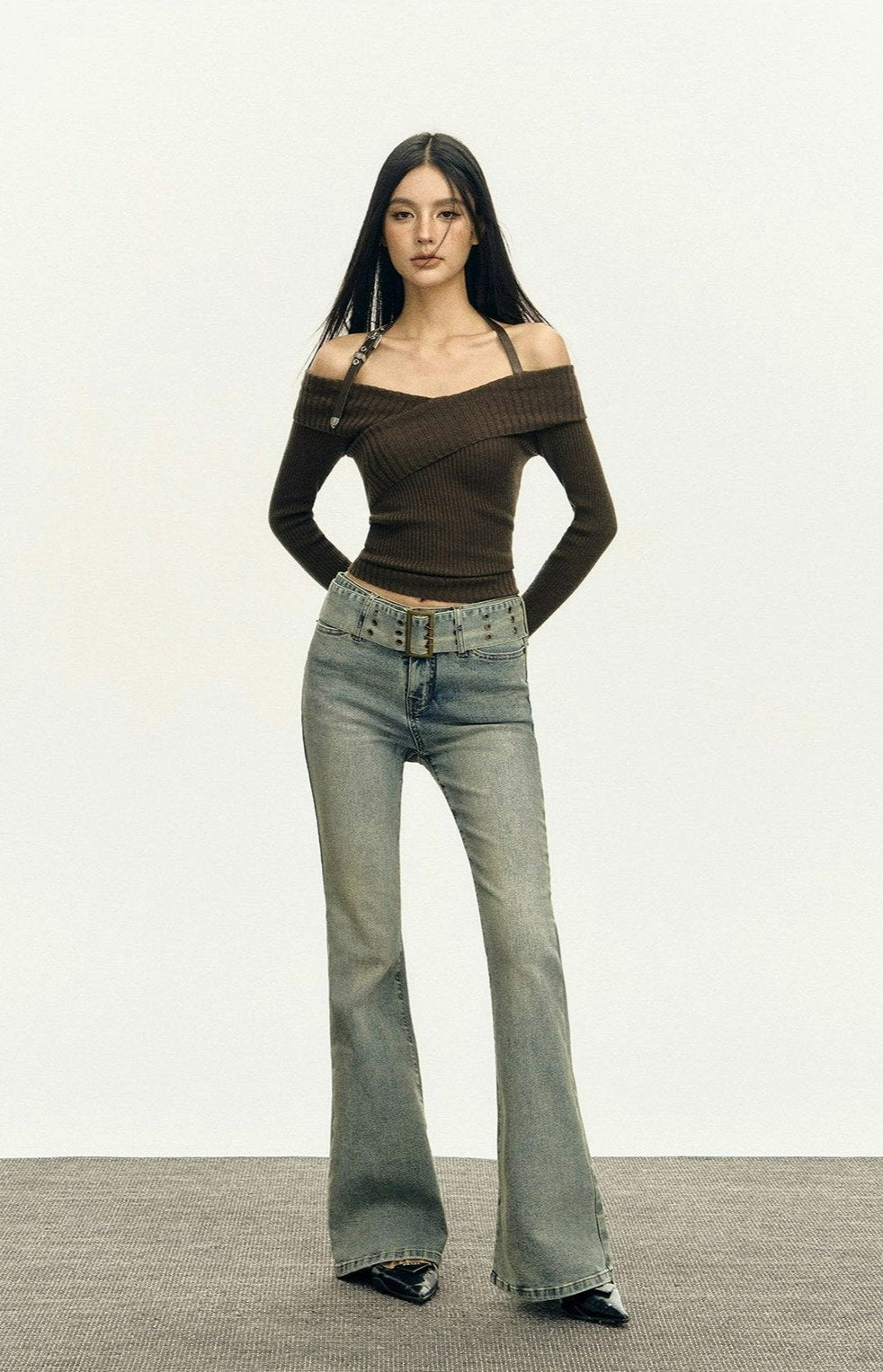 Ribbed Off-Shoulder Brown Knit Top