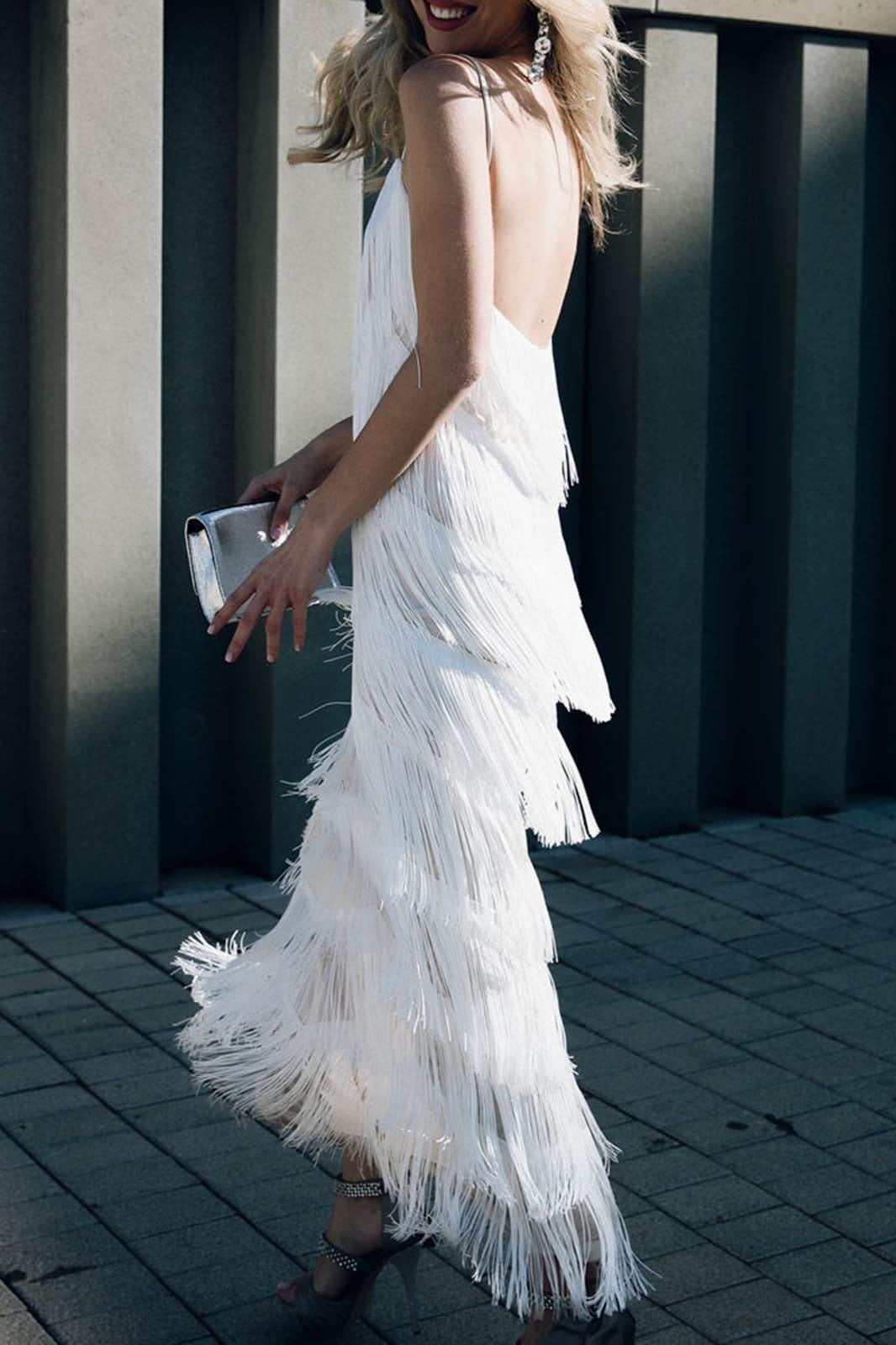 Layered Tassel Backless Long Slip Dress