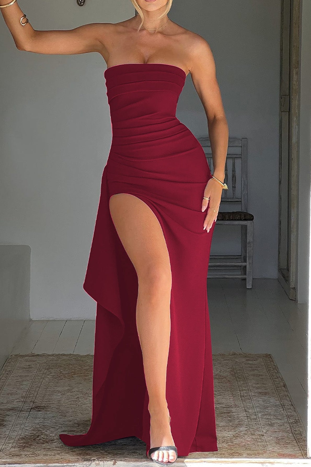 Off-Shoulder Strapless Backless High Slit Sexy Party Dress