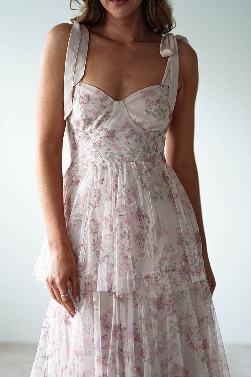 Pink Sweetheart Corset Bow Shoulder Strap Tiered Ruffle Maxi Dress 4
