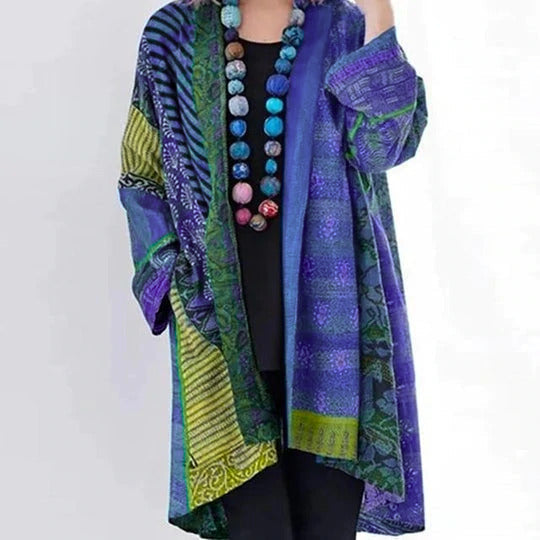 Open Front Patchwork Boho Print Long Sleeve Cardigan