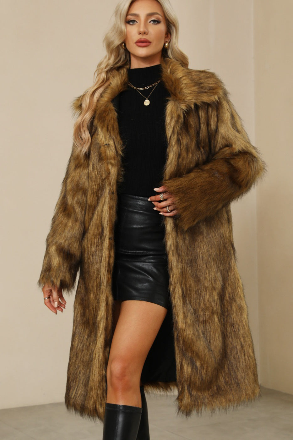 Square Collar Faux Fur Longline Warm Coat