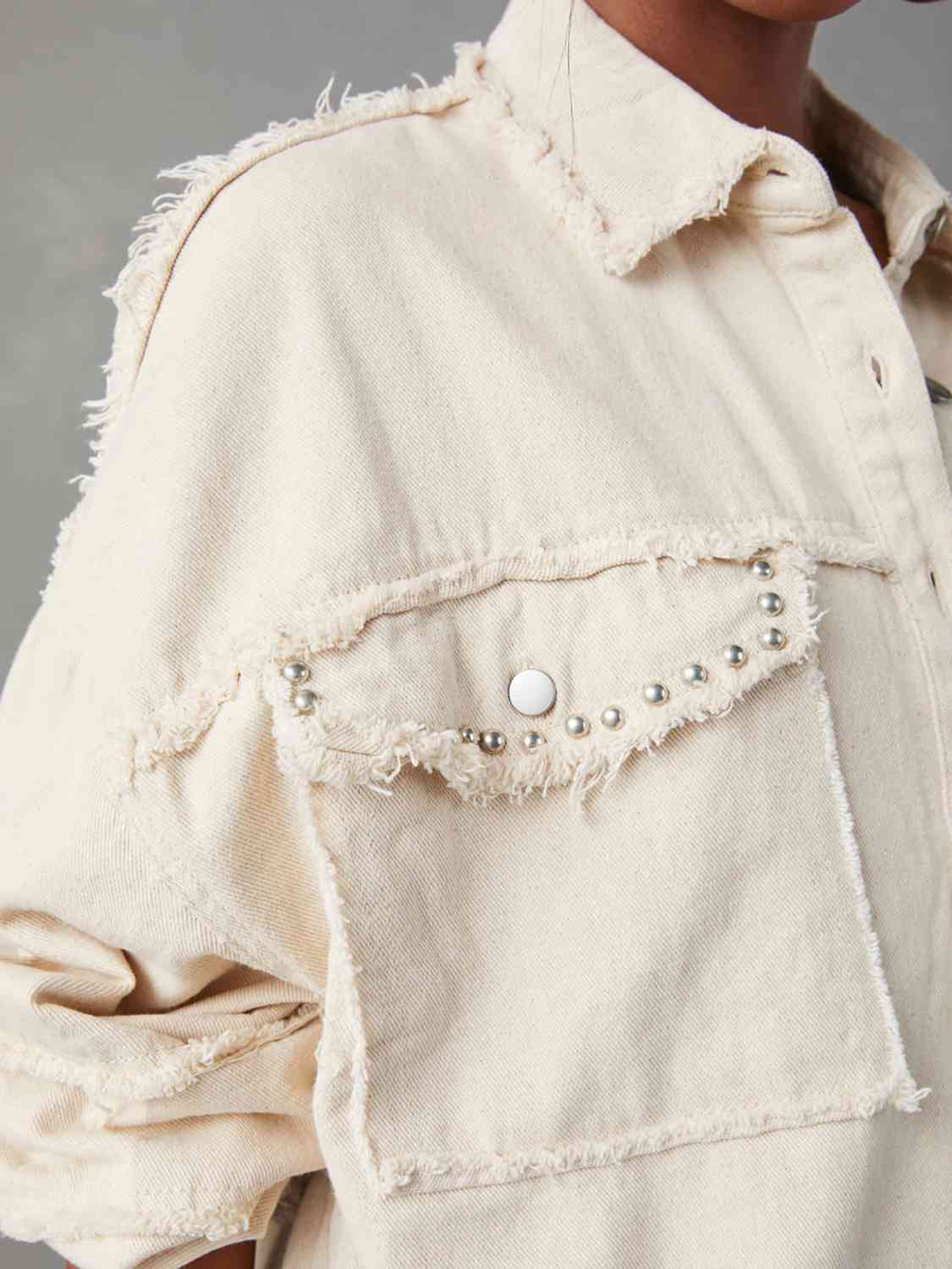 Long Raw Down Arm Denim Top Hem Button Jacket