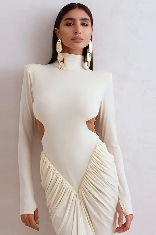 Long-Sleeve Ruched Color-Block Cutout Waist Slim Party Dress