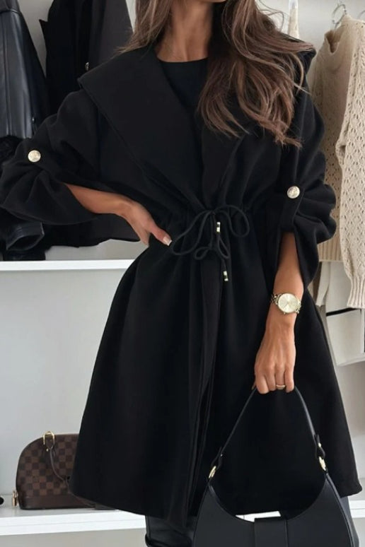 Tie Front Hooded Lapel Long Sleeve Casual Coat