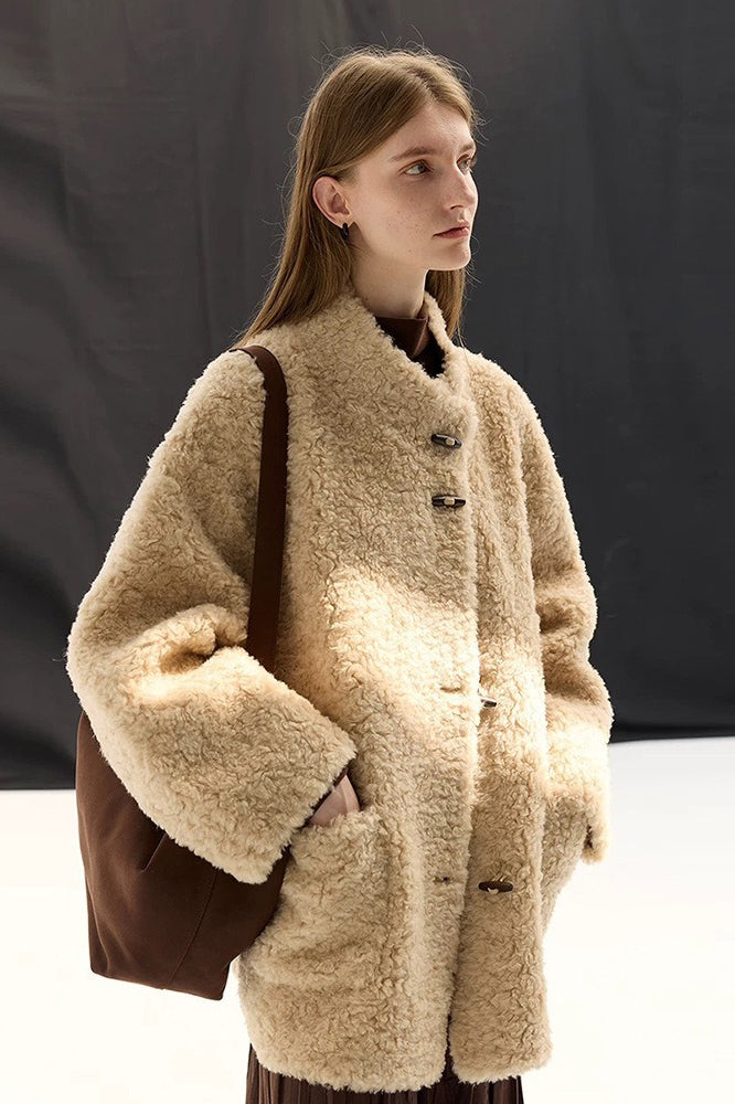 Pure Wool Bouclé Horn Button Shearling Coat