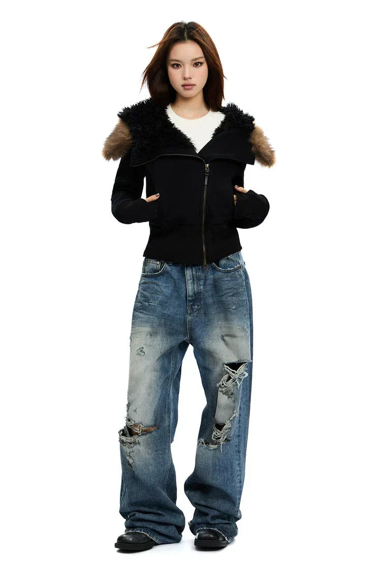 Fleece-Lined Hooded Fur-Collar Zip Short Jacket