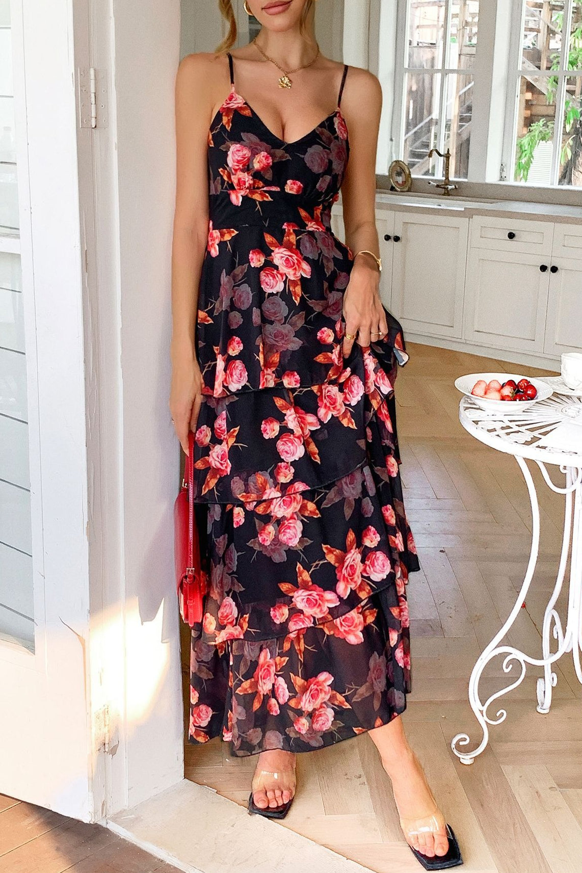Spaghetti Strap Deep V Floral Print Tiered Ruffle Maxi Dress 2