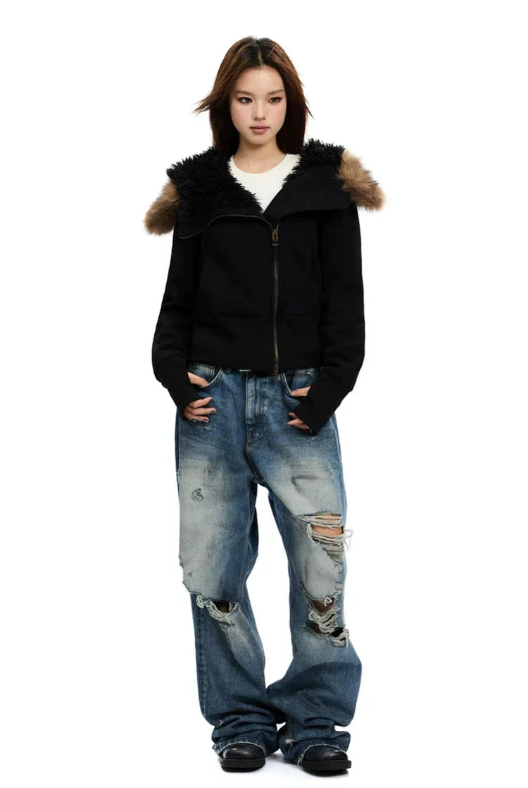 Fleece-Lined Hooded Fur-Collar Zip Short Jacket