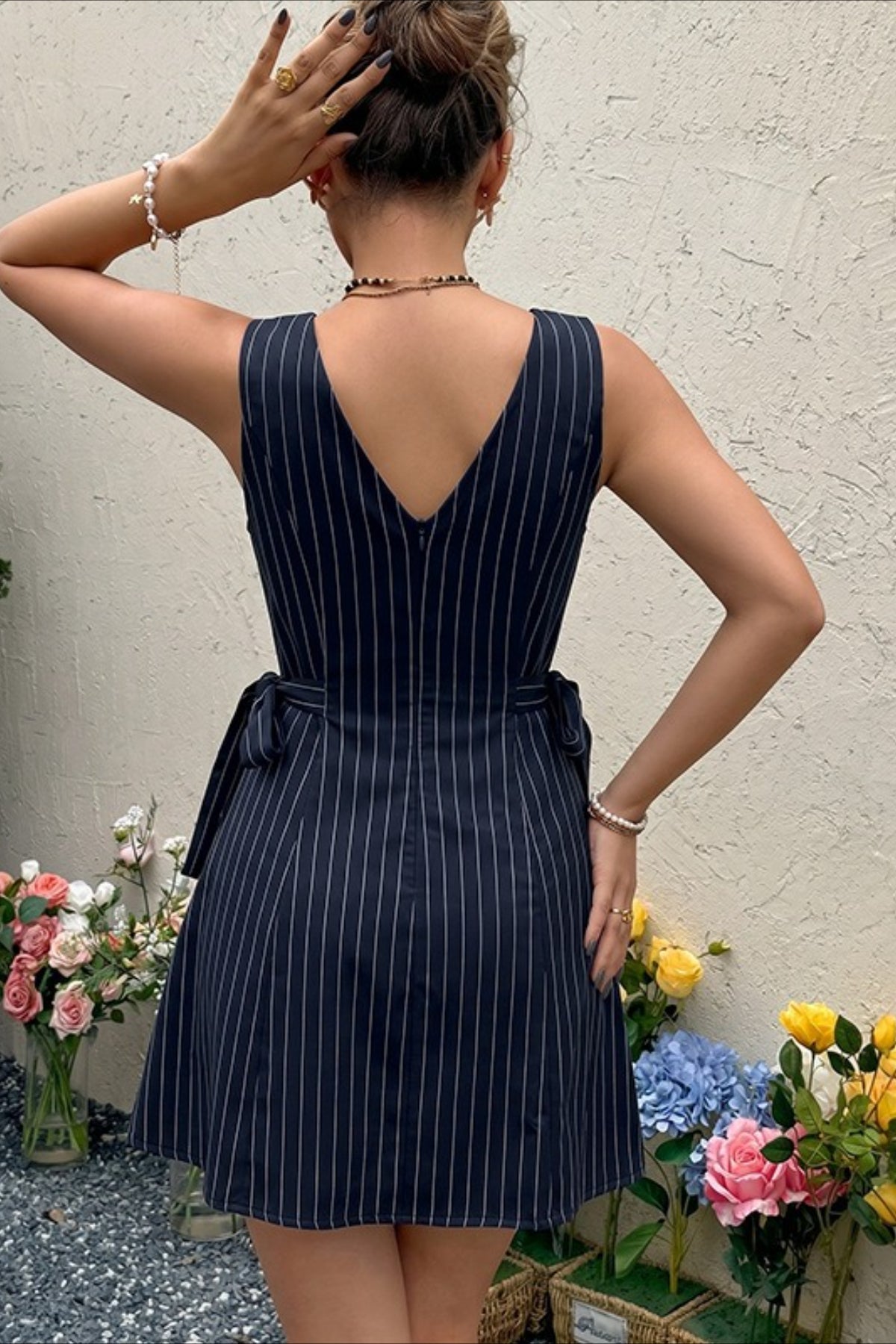 Striped Crew Tie A Line Elegant Work Dress