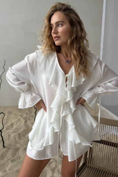 Ruffled V-Neck Loose Two-Piece Blouse