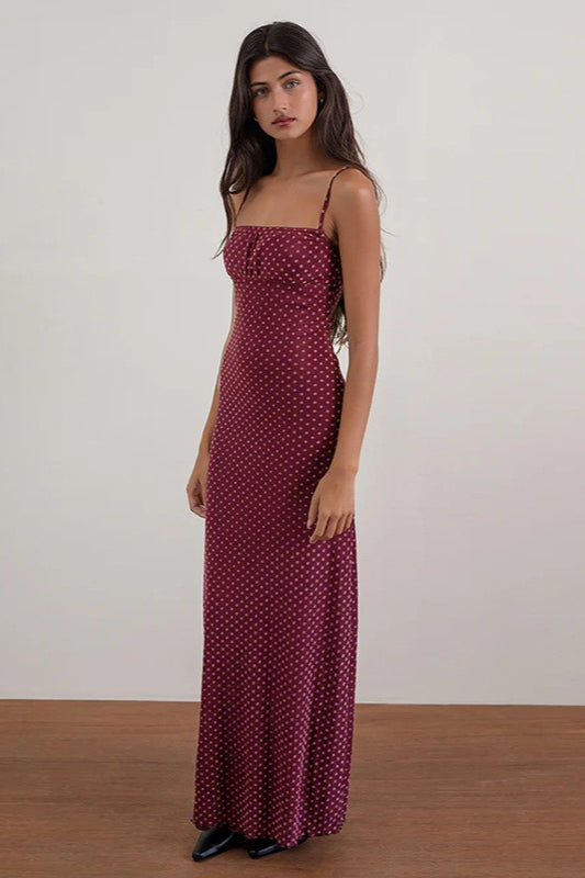 Burgundy Backless Polka Dot Cami Maxi Dress 2