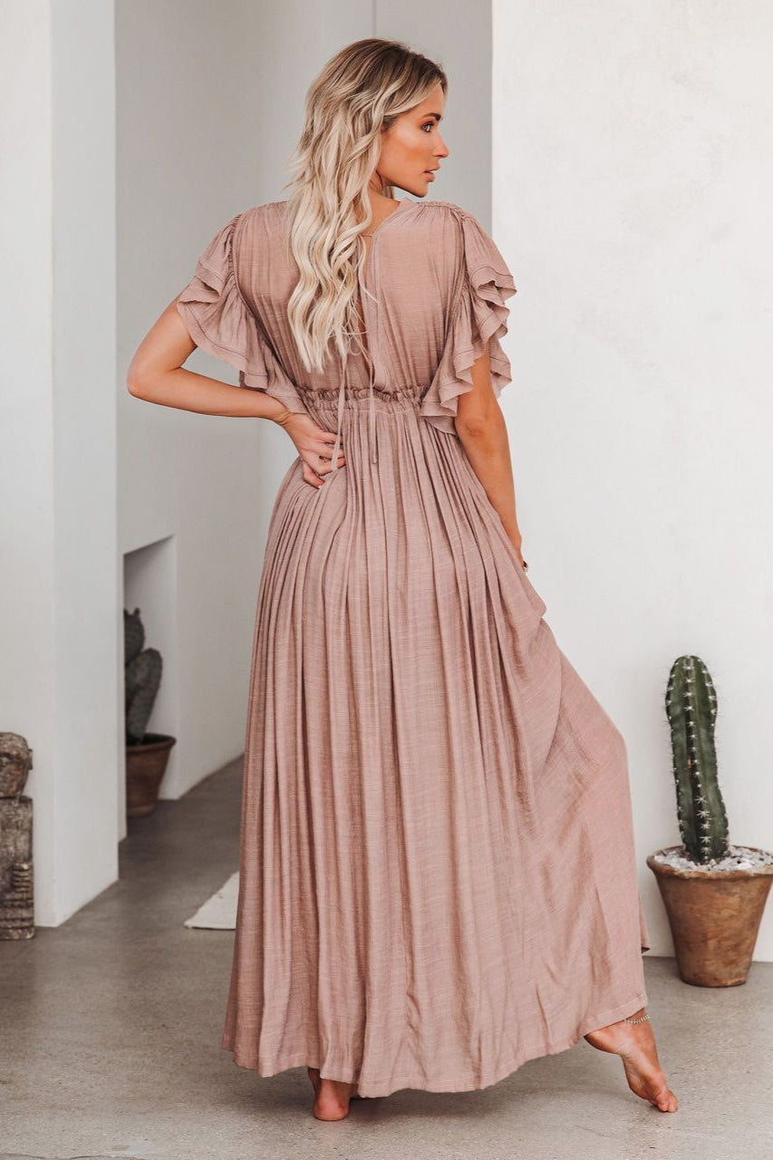 Deep V Neck Ruffle Sleeve Drawstring Waist Button Front Pocket Maxi Dress 17