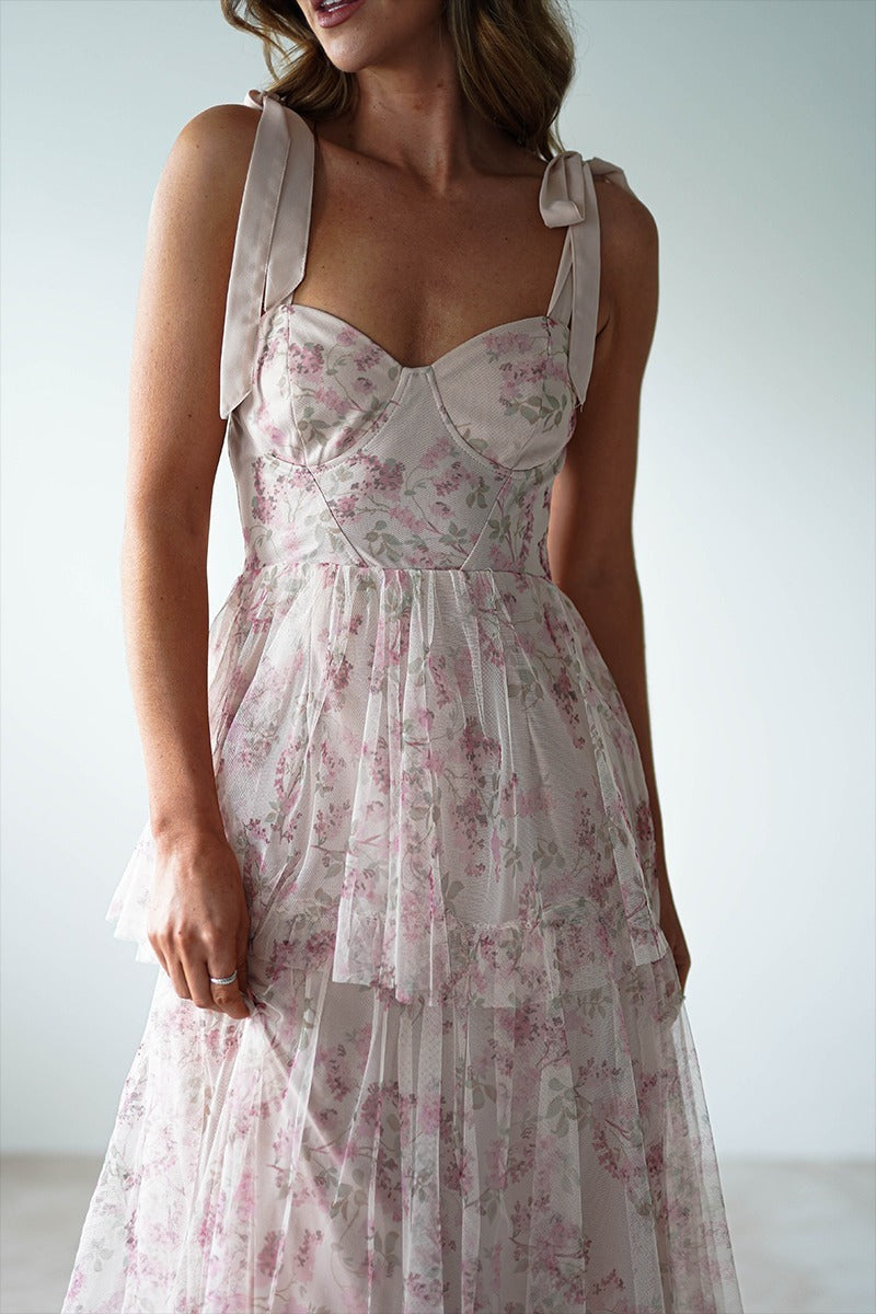 Pink Sweetheart Corset Bow Shoulder Strap Tiered Ruffle Maxi Dress 5