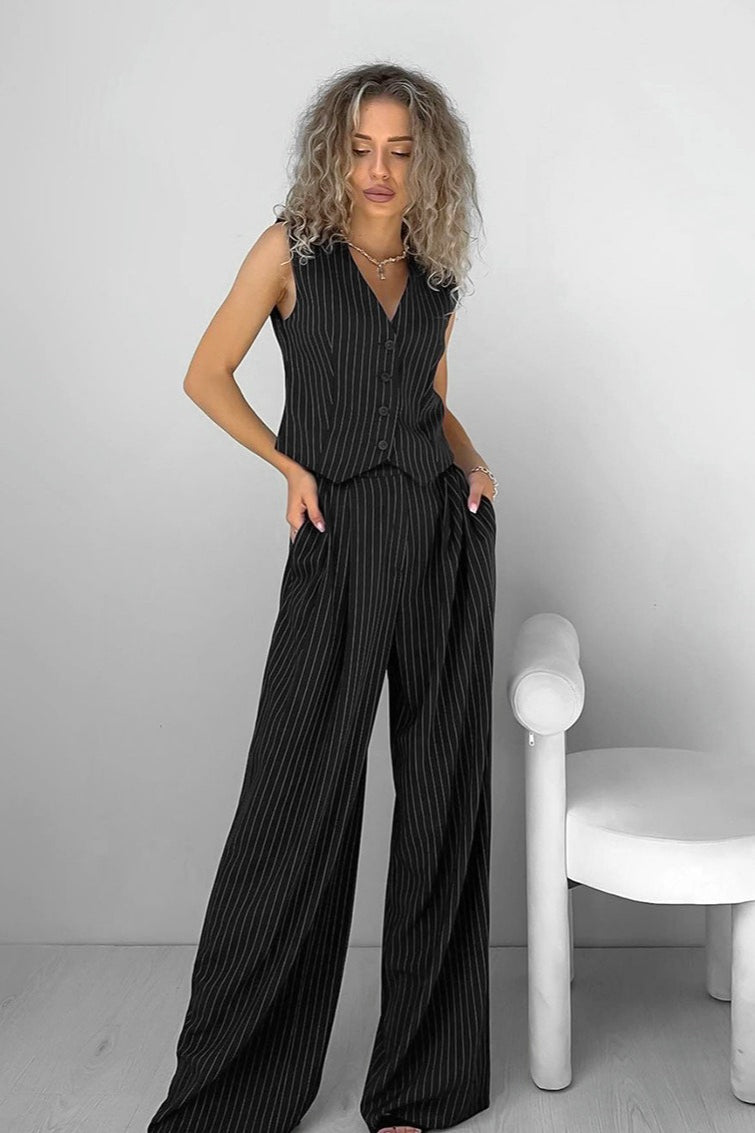 Stripe V Neck Blazer Elegant Two Piece Work Set