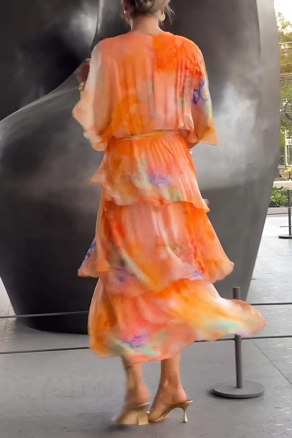 V-Neck Flutter Sleeve Watercolor Floral Tie Waist Tiered Maxi Dress
