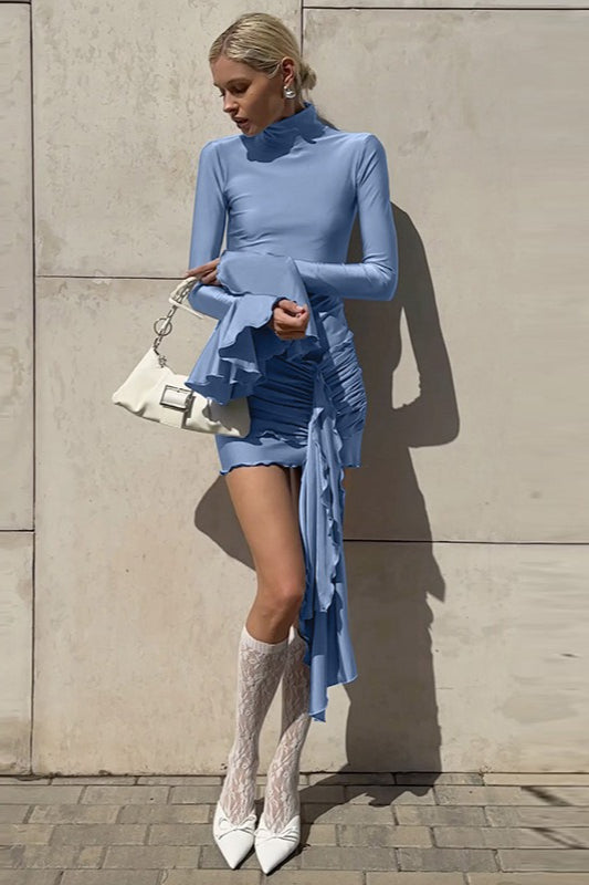 Mock Neck Bell Sleeve Bodycon Midi Dress