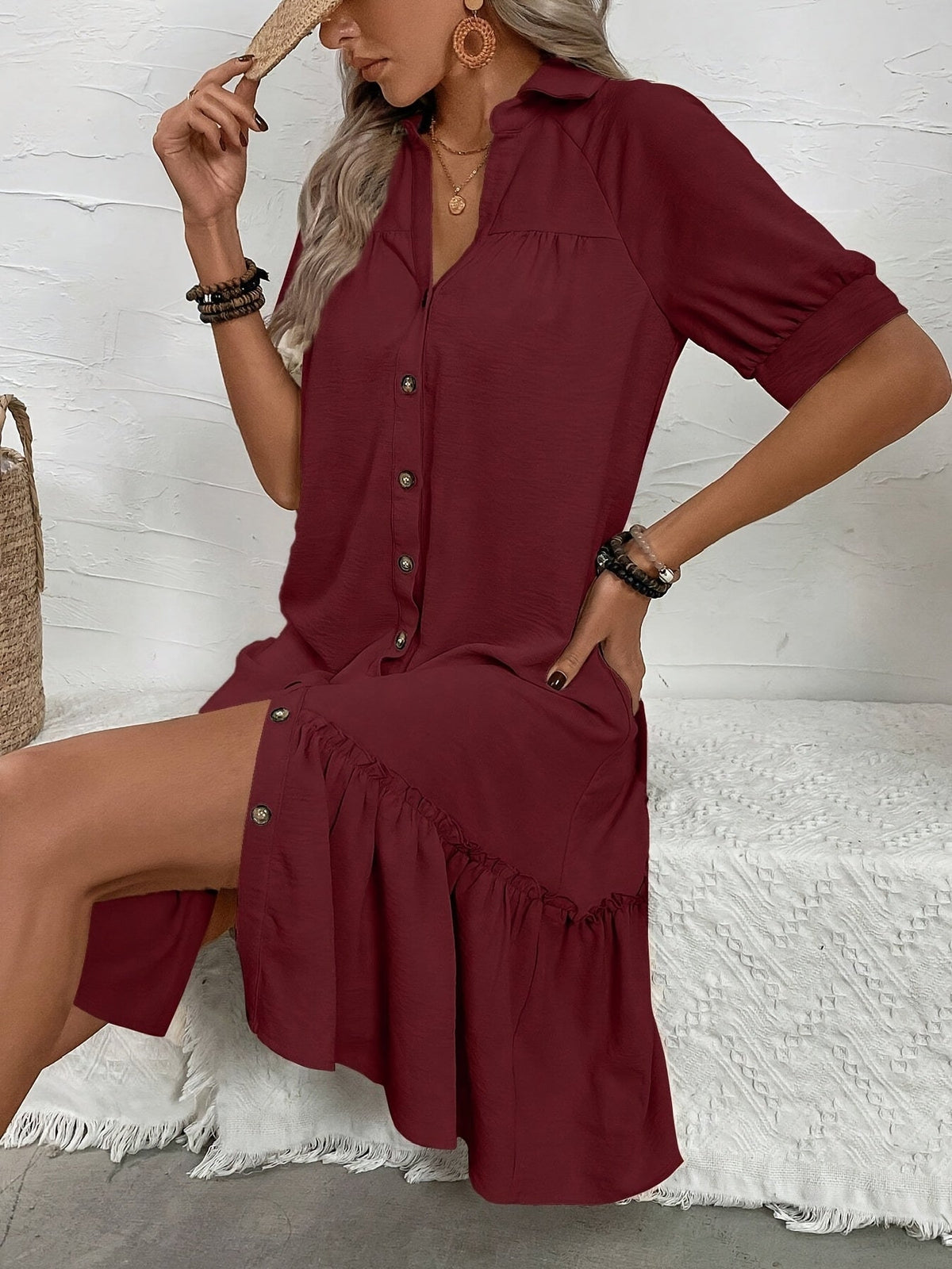 Collared Button Front Short Sleeve Ruffle Hem Shift Mini Dress 11