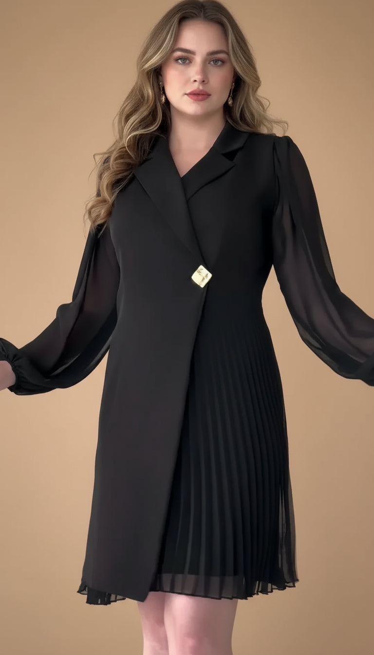 Lapel Collar Sheer Sleeve Pleated Blazer Mini Dress