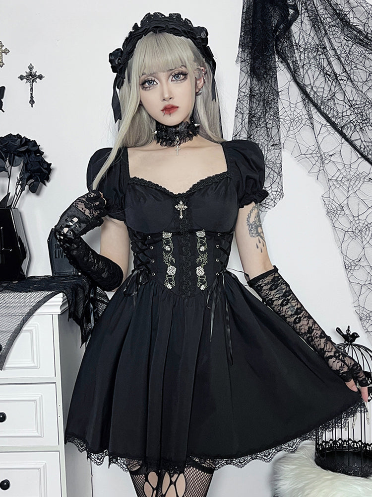 ALine Pleated Hem Swing Harajuku Summer Lolita Lace Trim Y2K Retro Grunge Streetwear Dress