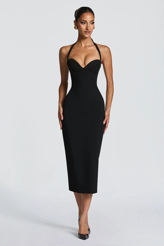 Solid Halter Neck Tie Back Midi Party Dress
