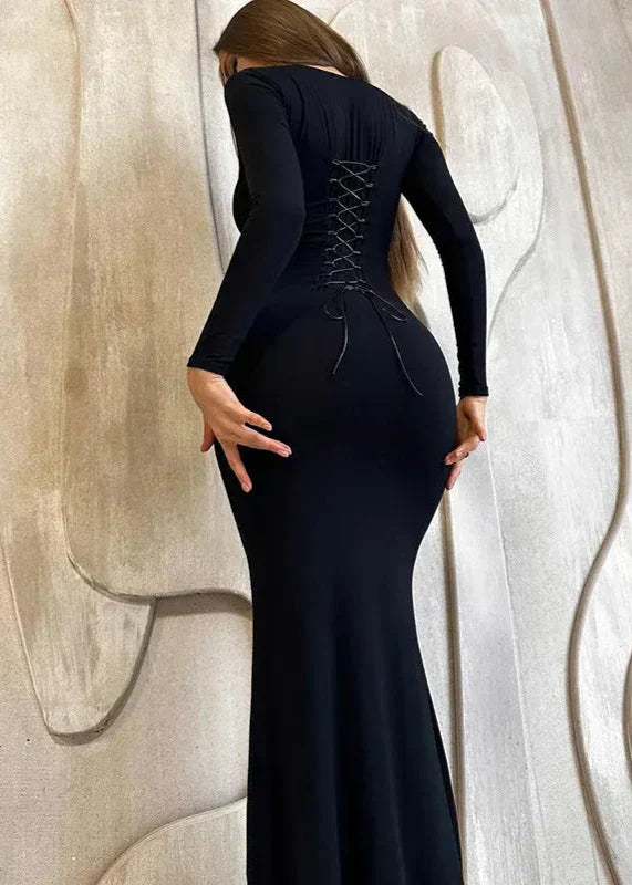 Black Slim-Fit Lace-Up Backless Long-Sleeve Dress