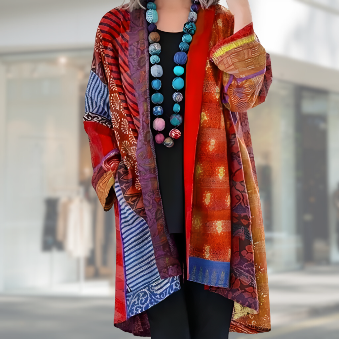 Open Front Patchwork Boho Print Long Sleeve Cardigan