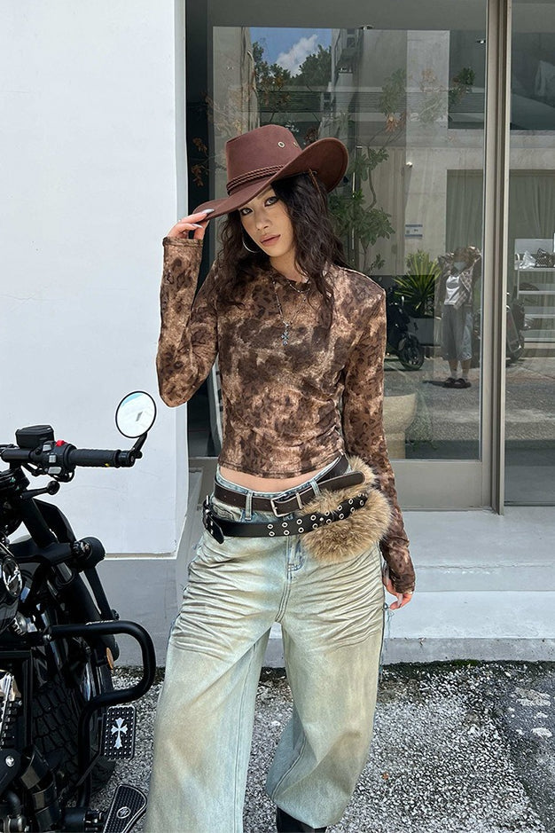 Leopard Print Flocked Slim Long-Sleeve Blouse