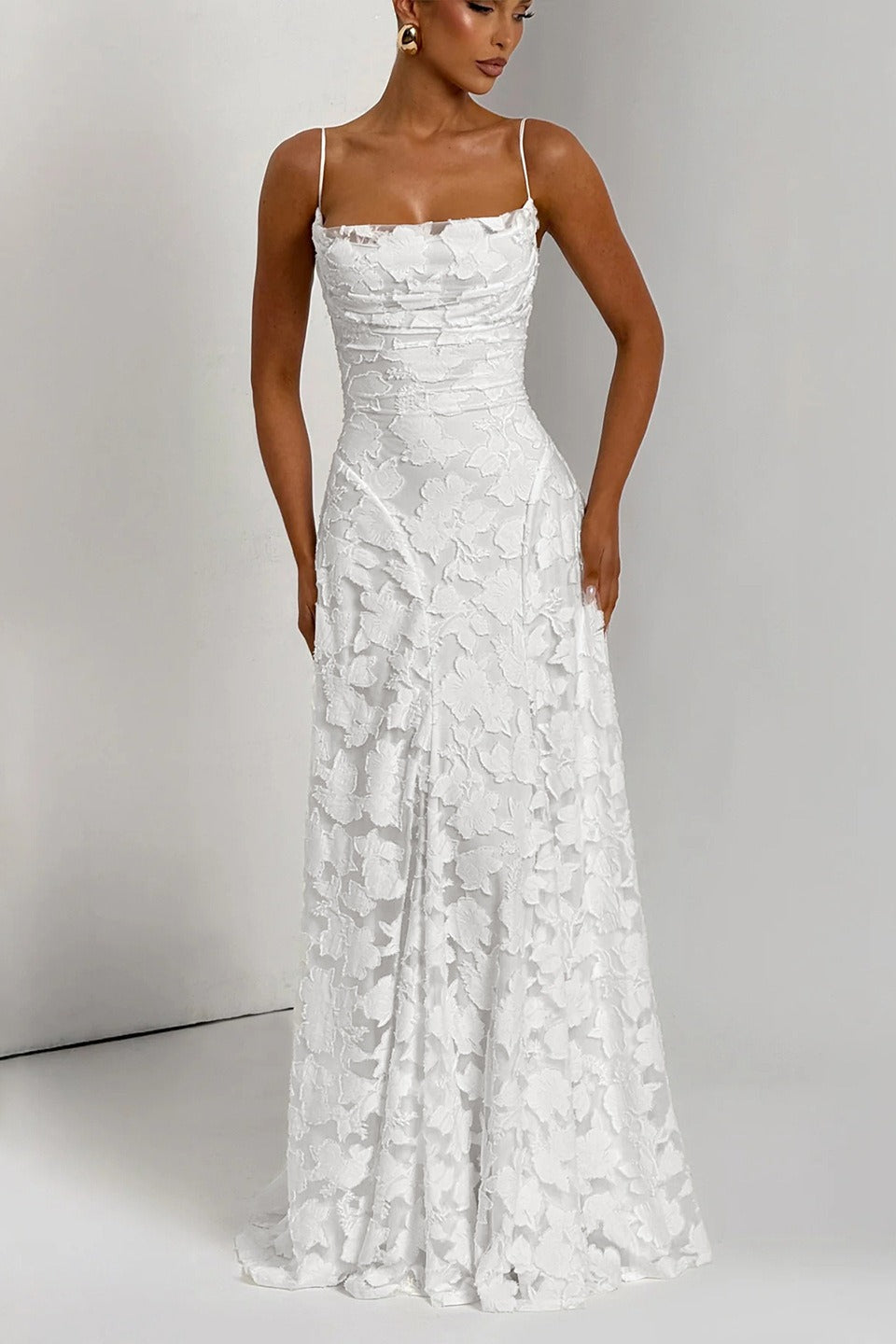 Jacquard Cami Backless Maxi Lace Dress
