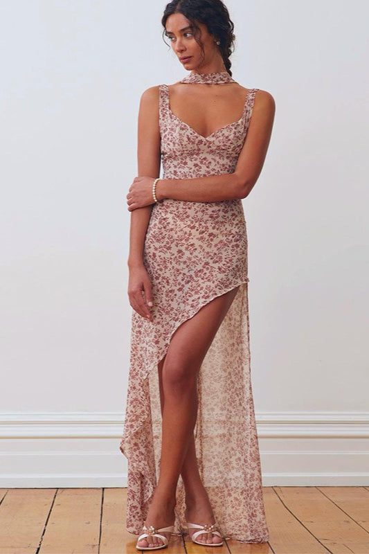 Backless Slit Tie Strap Floral Dress