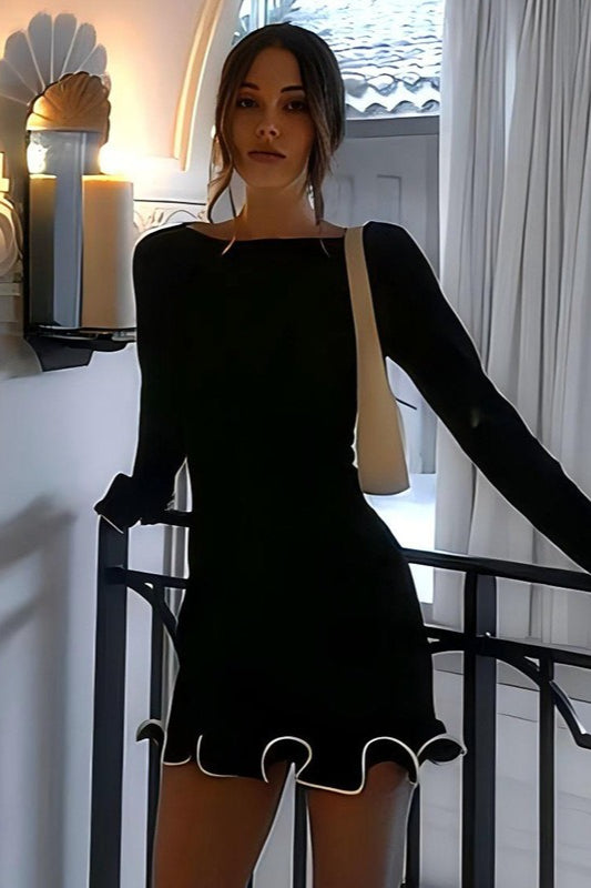 Elegant Round Neck Ruffle Cocktail Dress S / Black