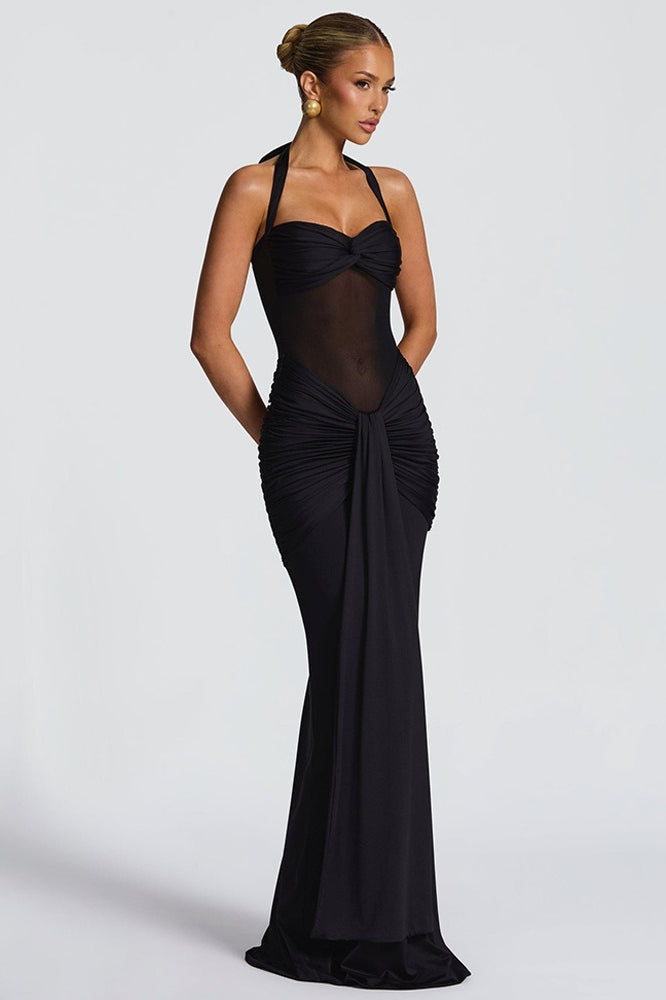 Mesh Paneled Fishtail Sash Bodycon Party Dress