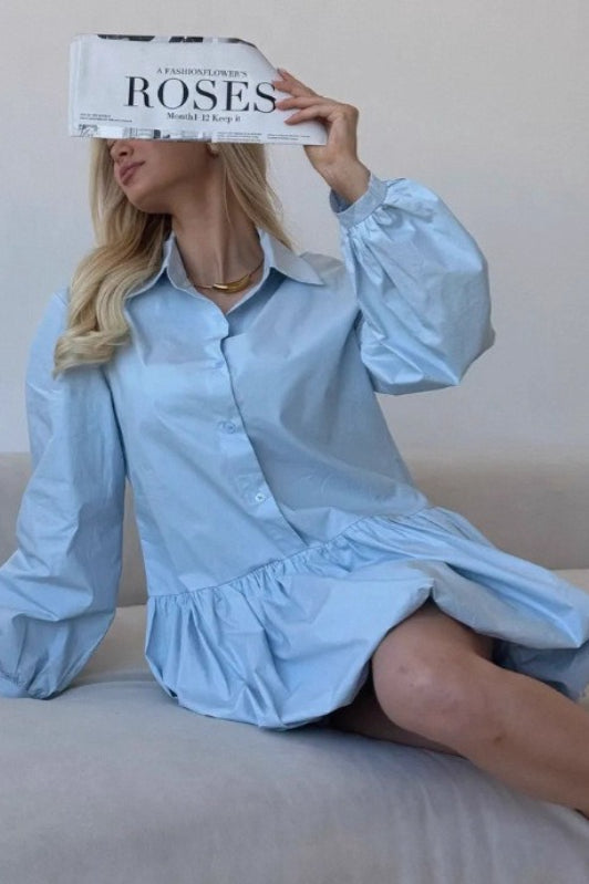 Puff Sleeve Buttoned Mini Dress