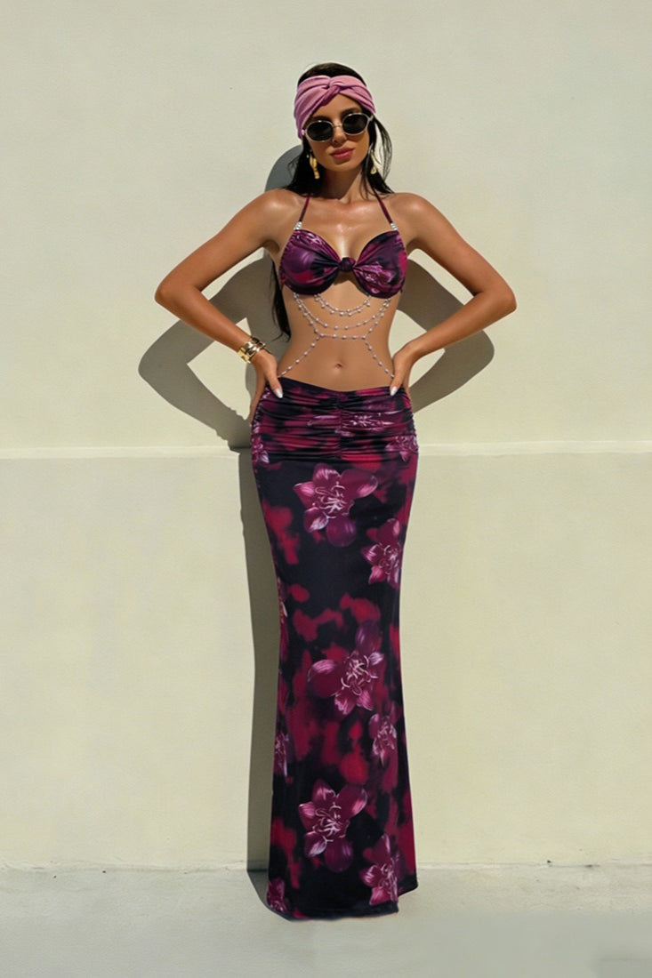 Halter Bow Front Ruched Waist Marble Print Maxi Skirt Two Piece Set 6